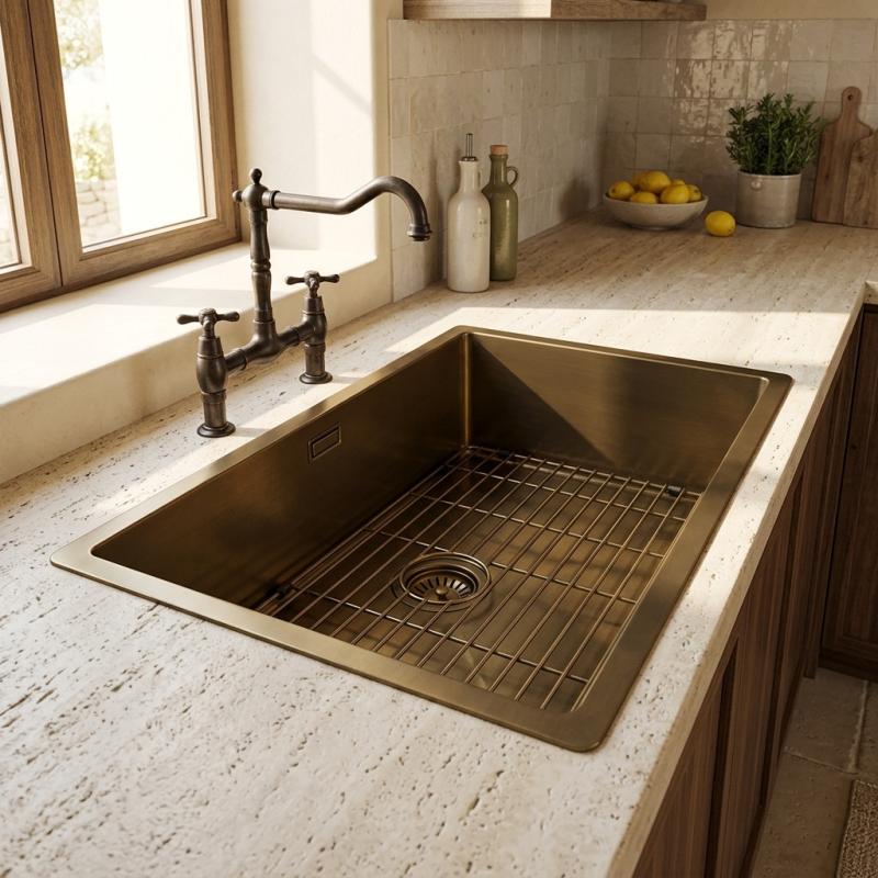 Pure.Sink Luxion PVD Antiek Bronzen spoelbak 50x40 cm onderbouw, vlakinbouw en opbouw met bodemrek PLX5040-64